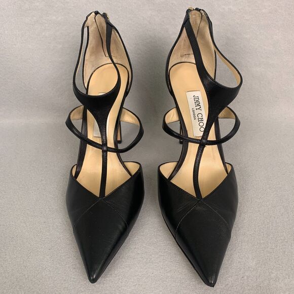 Jimmy Choo Black T-Strap Pointed Heels EU 40 Leather Elegant Night Out Glamour - Picture 1 of 8